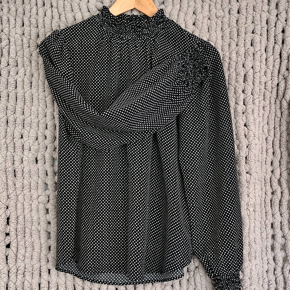 Vintage Inspired Pleione Black & White Polka Dot Ruffle Blouse Size Medium